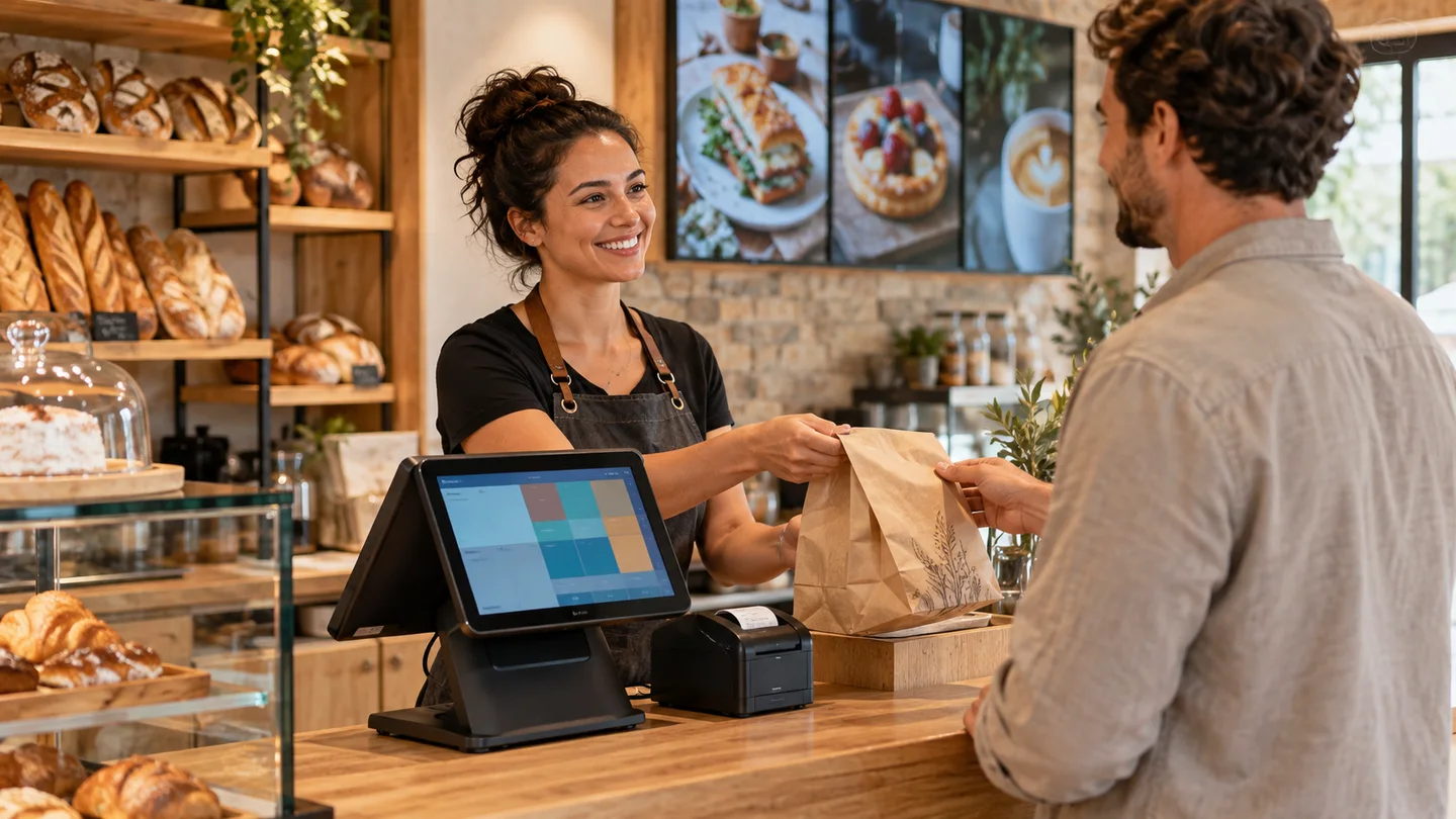 commerçante et client auprès d’une caisse tactile