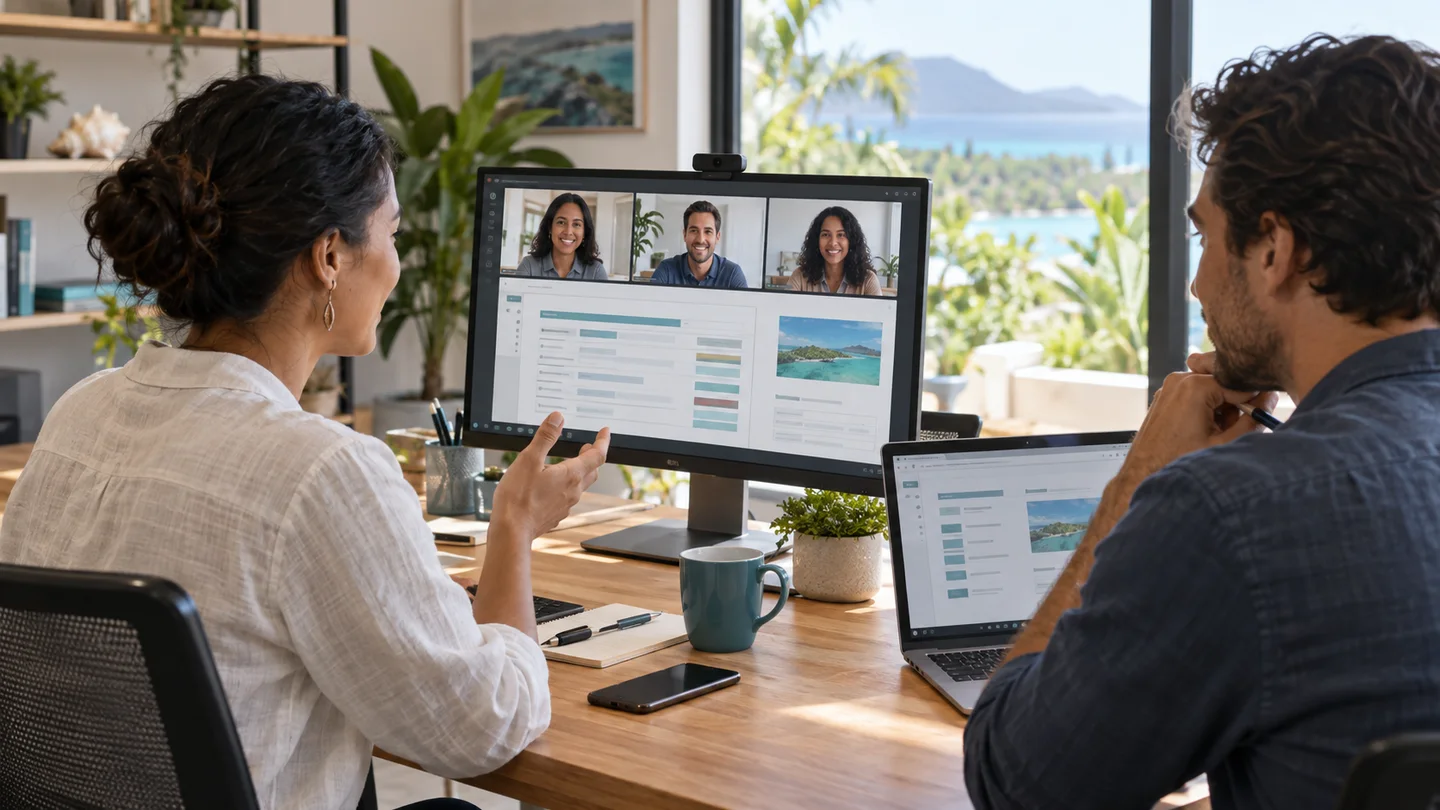 équipe collaborant sur des documents avec des collègues à distance