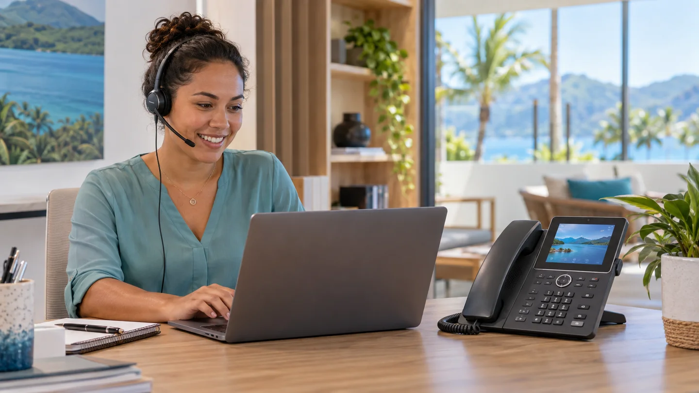 professionnelle utilisant un casque et un téléphone IP