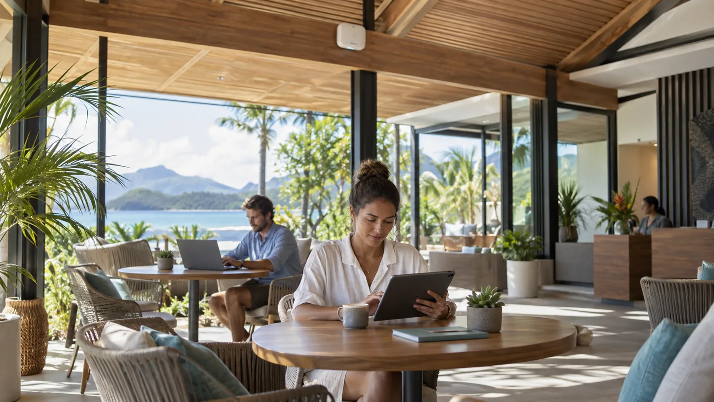 visiteurs connectés dans un espace de travail avec borne Wi-Fi