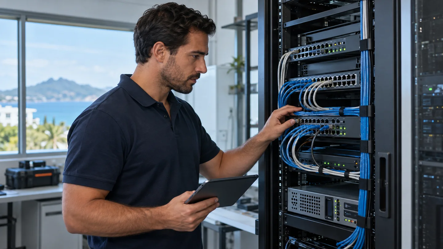 un technicien inspecte une installation réseau